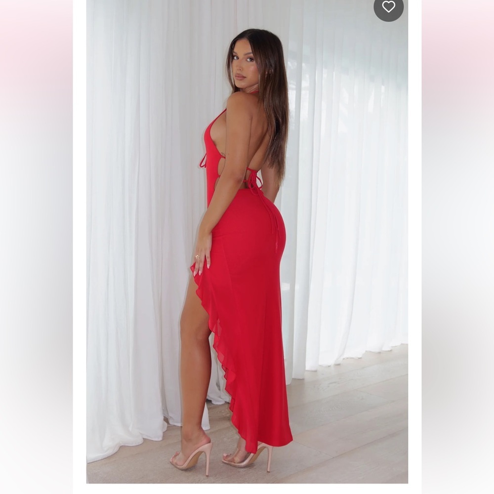 White Fox Boutique Red Halter Maxi Dress with Ruffle Slit - Picture 3 of 14